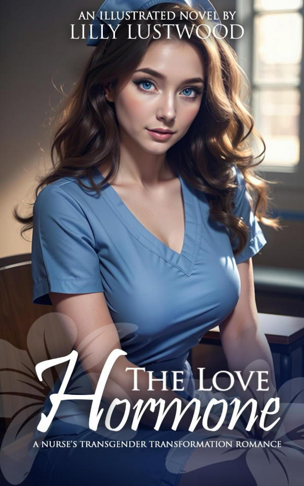Book cover of “The Love Hormone” by Lilly Lustwood showing a trans woman wearing blue medical scrubs sitting indoors with soft lighting and title text.