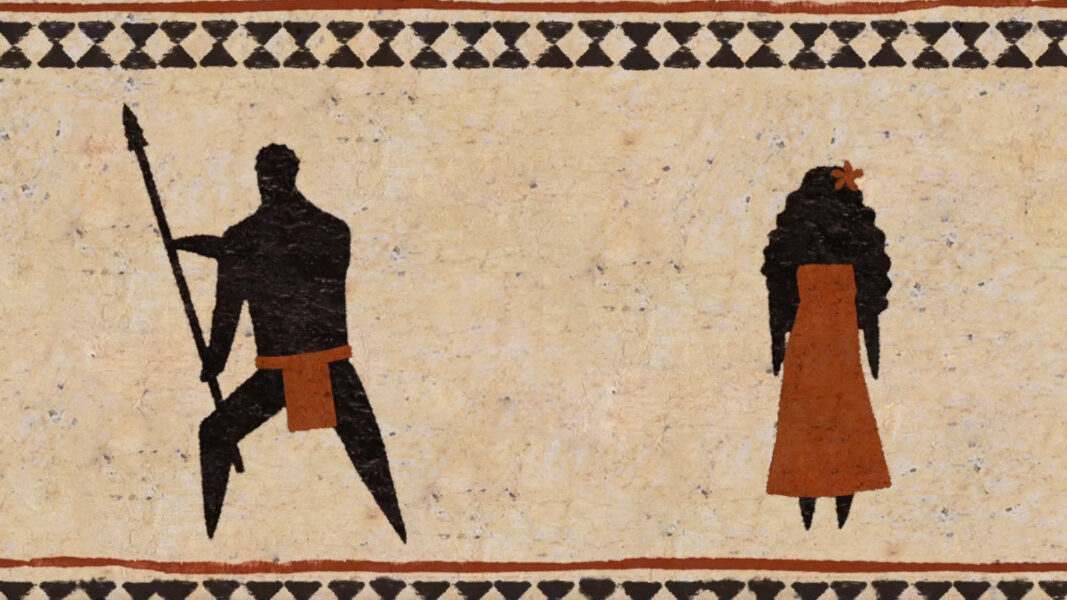 Stylized figures on a textured canvas: a warrior holding a spear and a person with a dress and flower in their hair, inspired by indigenous art.