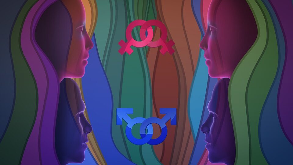 Abstract art depicting mirrored profiles with overlapping layers, symbolizing gender identity and fluidity, with prominent male and female gender symbols in the middle.