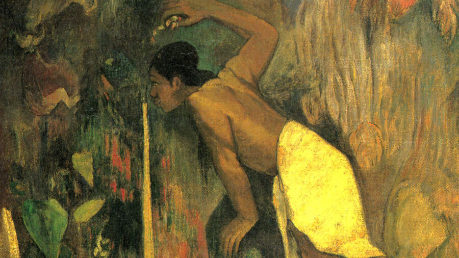 Painted in 1893, Paul Gauguin’s Pape Moe (Mysterious Water) captures a māhū person drinking from a Tahitian waterfall, set against a vibrant natural landscape.