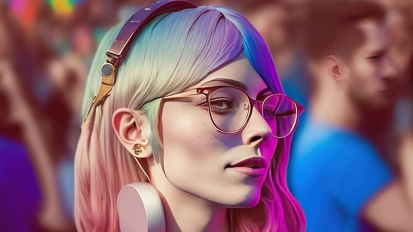 A futuristic artistic rendering of a person with vibrant hair colors, oversized glasses, and metallic headphones, set in a lively public setting.