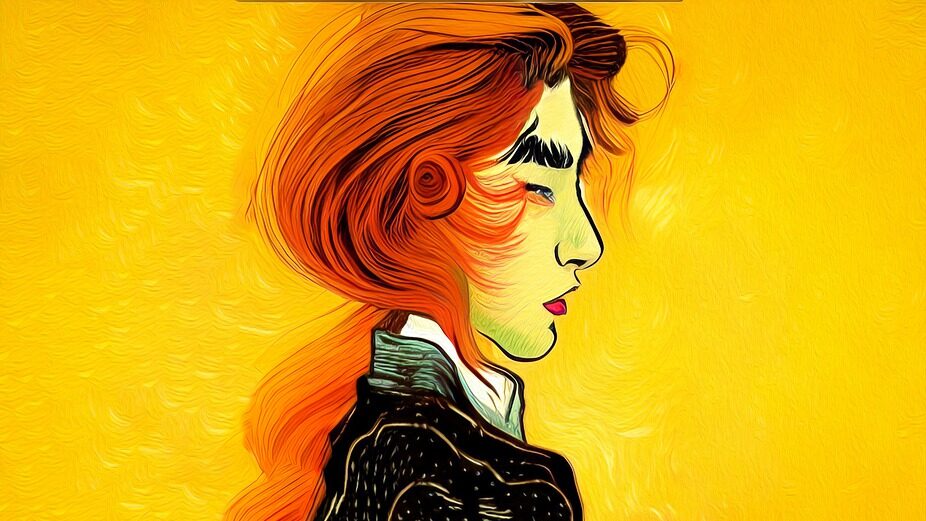 A stylized illustration of a person with fiery red hair, dressed in dark clothing, and depicted in a surreal, colorful aesthetic with a vivid yellow backdrop.