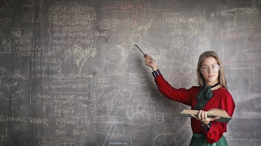 Educator standing by a chalkboard, gesturing towards a diagram with a stick while holding an open book.