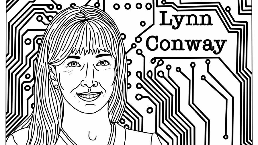 Illustrated portrait of Lynn Ann Conway with circuit patterns in the background, part of a coloring page titled "Create Connect."