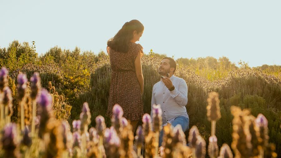 A man kneeling and proposing to a woman in a sunlit field of flowers, surrounded by lavender blooms.