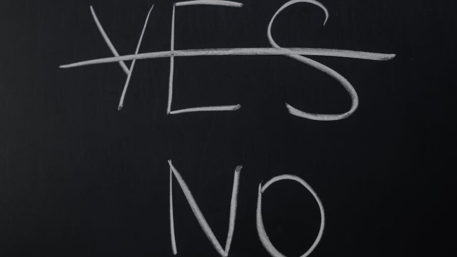 A chalkboard with the word “YES” crossed out and “NO” written clearly beneath it, symbolizing a closed mindset or unwillingness to engage.