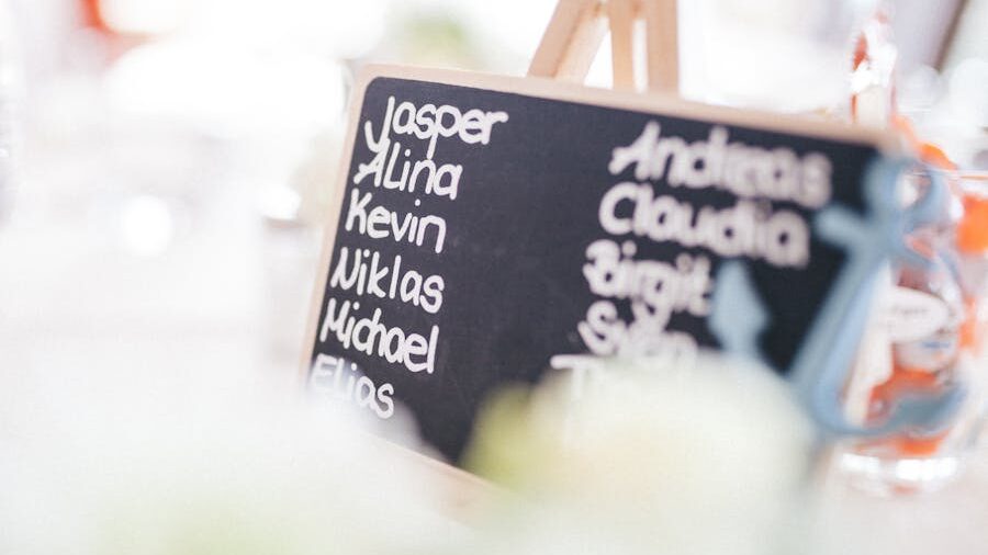 A small chalkboard on a table lists several handwritten names in white, with a shallow focus on a few of them, suggesting personalization or place setting.