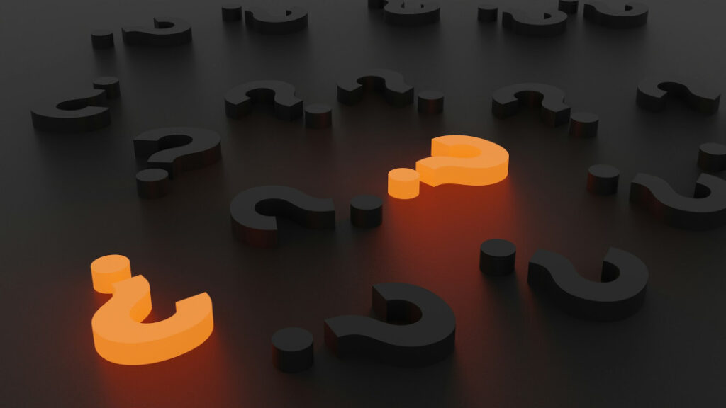A group of dark question marks with two lit in orange, suggesting standout ideas or important questions.