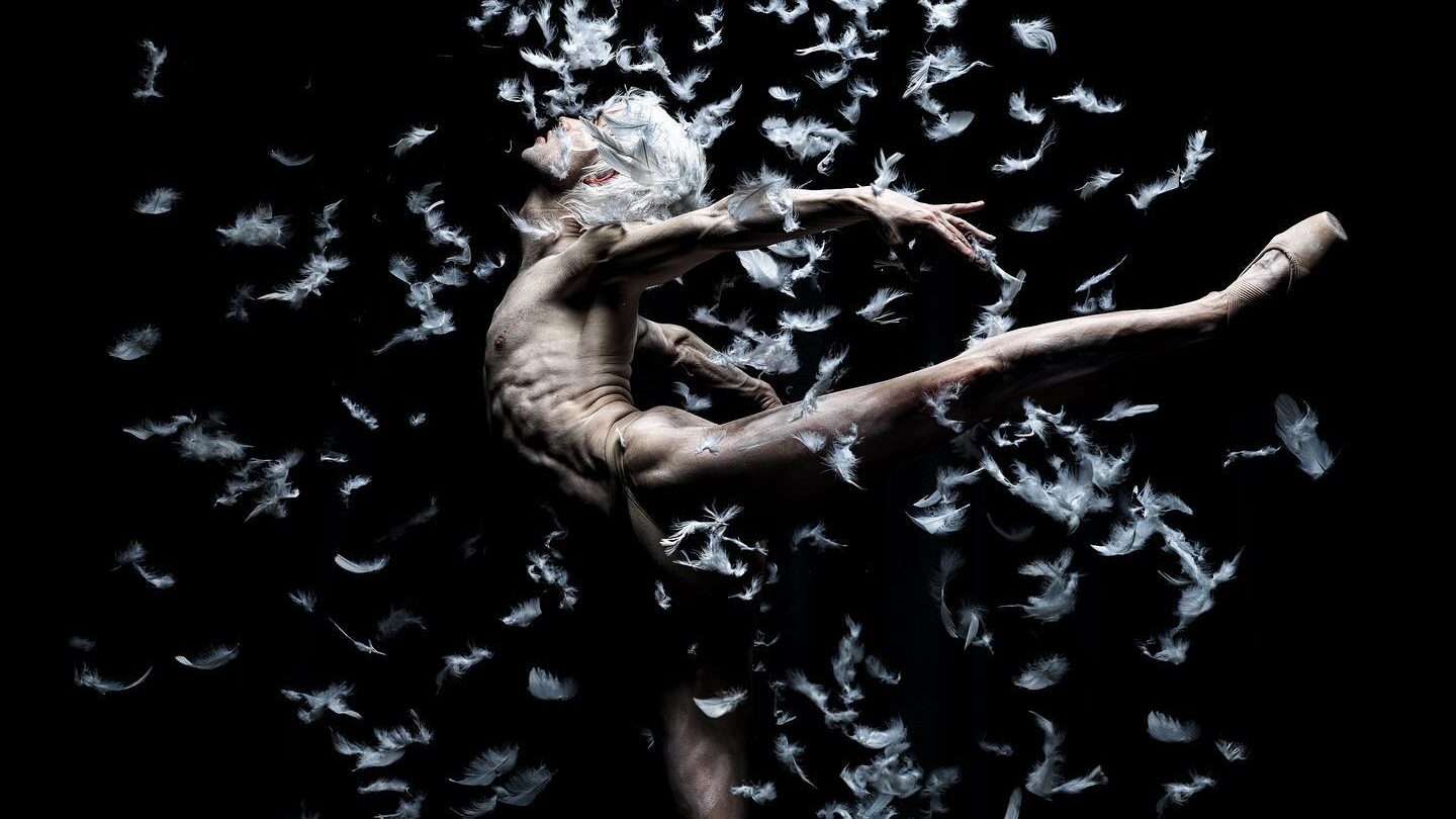 Chase Johnsey dancing en pointe amid a cascade of white feathers on black background.