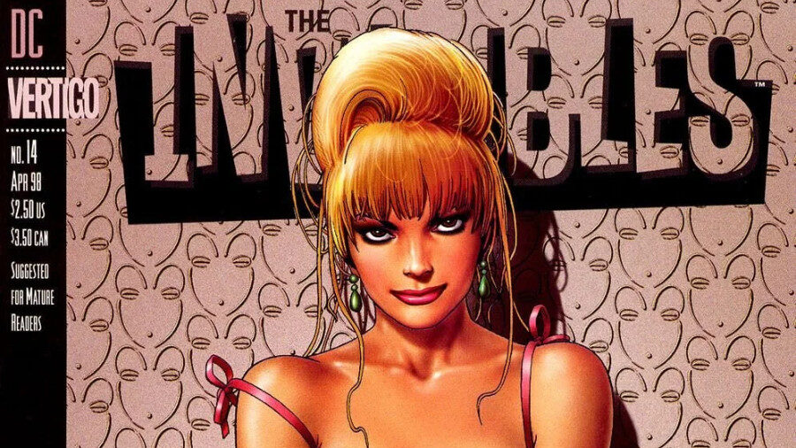 Comic cover of The Invisibles #14 featuring Lord Fanny sitting in thigh-high black boots and pink corset top.