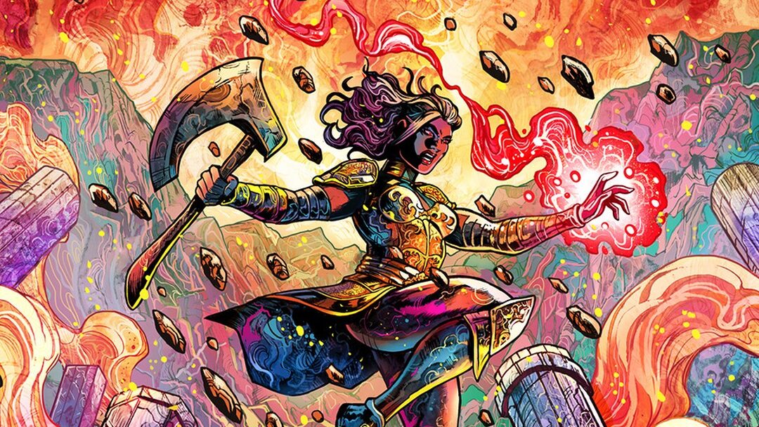 The trans superhero Sera floats mid-air in ornate armor, casting red magic as columns and debris swirl around her in an epic battle scene.