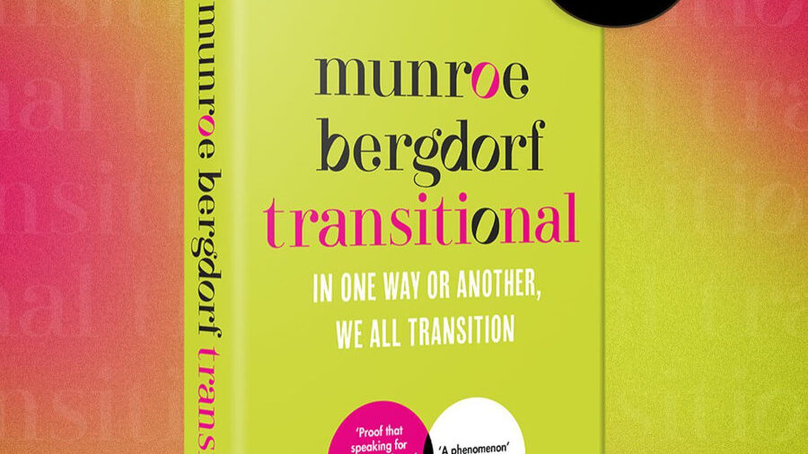 Bright yellow book cover of Transitional by Munroe Bergdorf, with pink and white text on a gradient background.