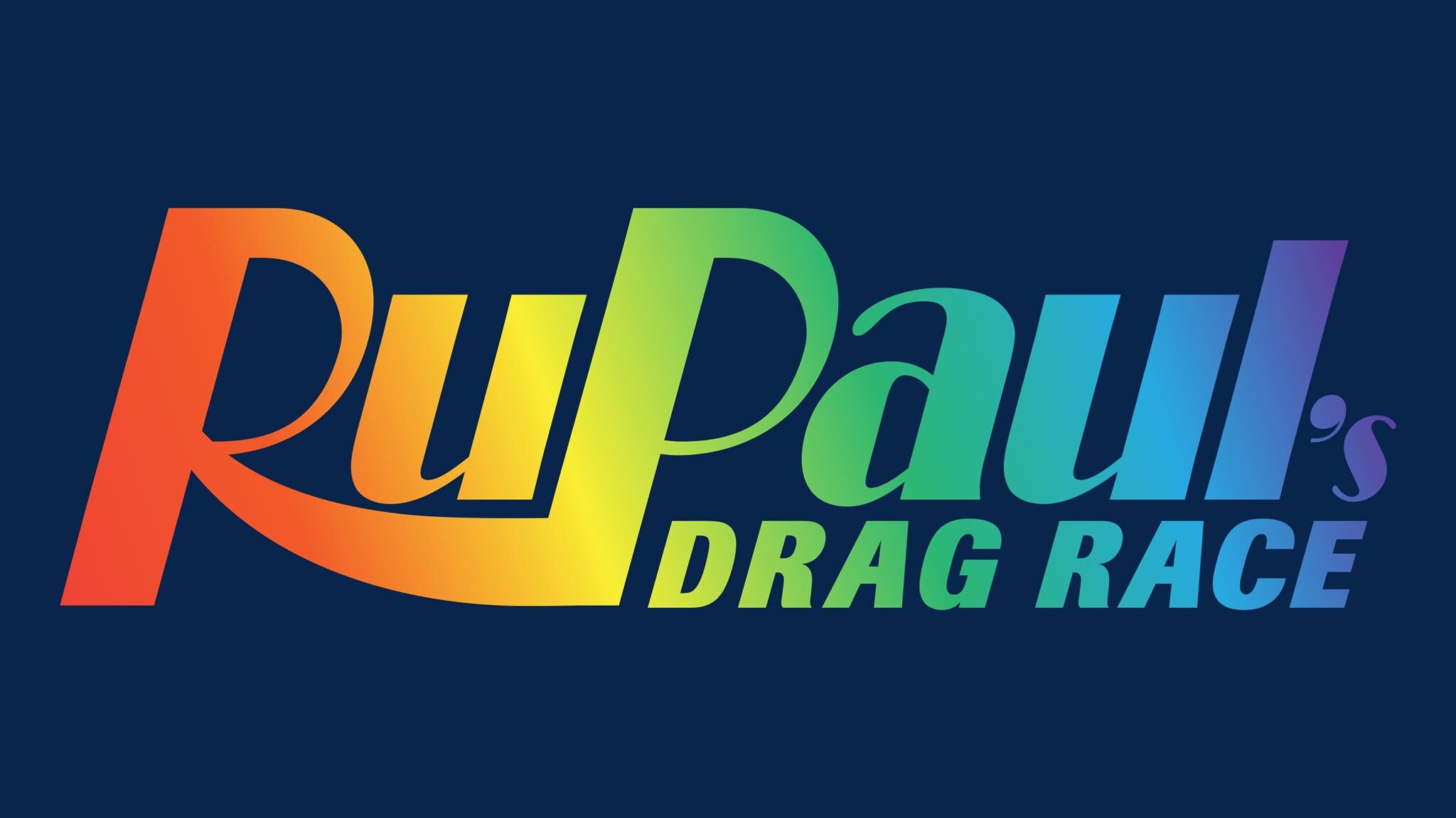 Official RuPaul’s Drag Race logo displayed in rainbow colors against a dark background.