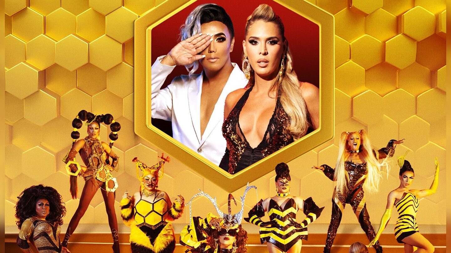 Promotional poster for Drag Latina Season 2 featuring Carmen Carrera and contestants in gold and black outfits.