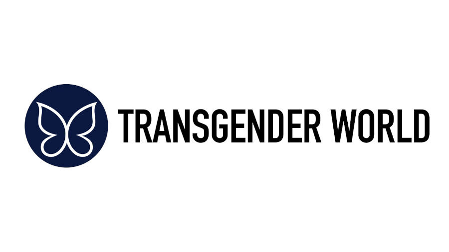 A stylized butterfly in a dark blue circle next to the words “TRANSGENDER WORLD” in bold capital letters.