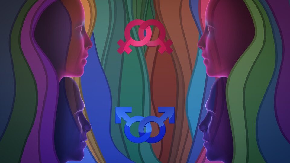 Arte abstracto que representa perfiles espejados con capas superpuestas y simboliza la fluidez y la identidad de género, con símbolos de género masculino y femenino en el medio.