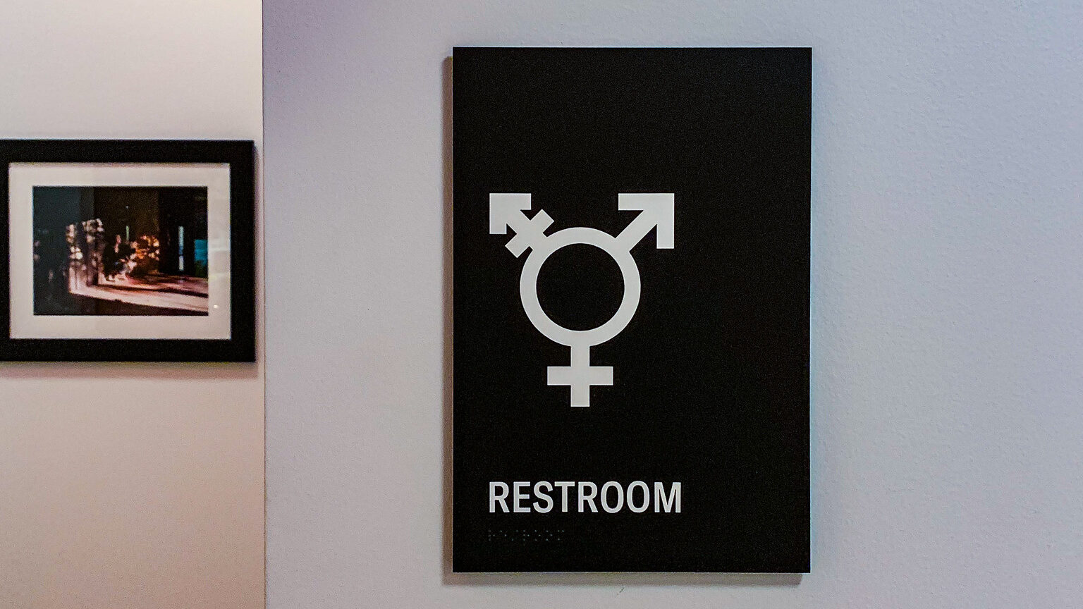 Un letrero negro con un símbolo transgénero blanco y la palabra "Baño" en negrita, montado en una pared junto a una imagen enmarcada.