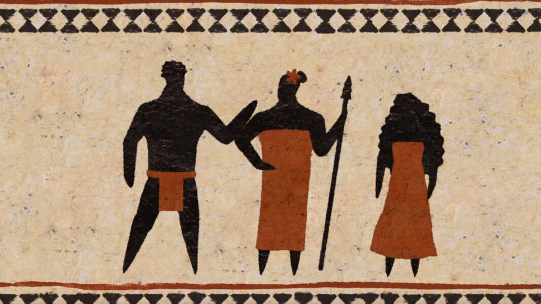 Ilustración de estilo tradicional del documental Kumu Hina, que muestra tres figuras: una persona māhū en el centro con un vestido, el cabello recogido, una flor en la cabeza y una lanza en la mano, una figura con un taparrabos a la izquierda y una figura con cabello largo y vestido a la derecha, sobre un fondo texturizado.