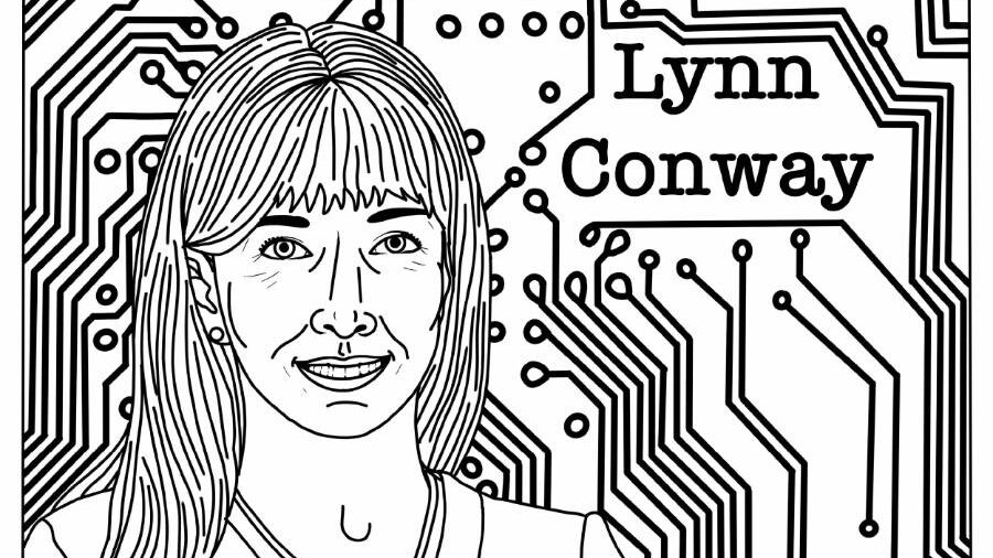 Portrait illustré de Lynn Ann Conway avec des motifs de circuits en arrière-plan, issu d'une page à colorier intitulée "Create Connect."