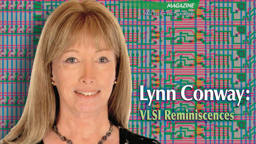 Lynn Ann Conway sur la couverture du magazine IEEE Solid-State Circuits, automne 2012, avec le titre "VLSI Reminiscences," sur un fond coloré de circuits électroniques.