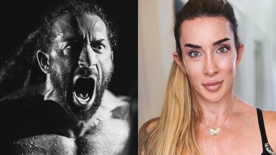 Photo de transformation côte à côte de Gabbi Tuft—à gauche, une image en noir et blanc de son passé en tant que catcheur de la WWE; à droite, un portrait récent avec de longs cheveux blonds et un collier papillon.