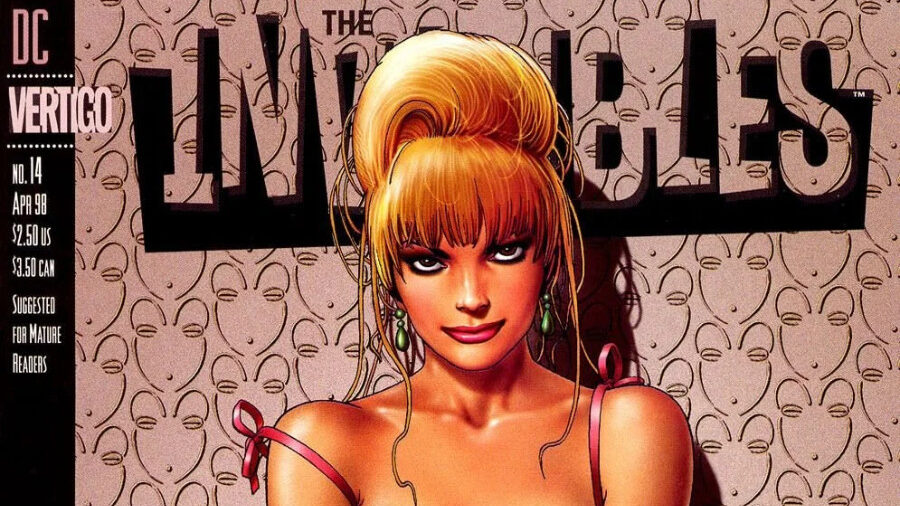 Couverture du comic The Invisibles n°14 montrant Lord Fanny assise, bottes noires montantes et corset rose.